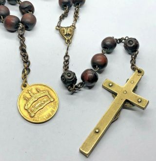 † NUN Antique BROWN WOODEN Beads HABIT Rosary w ST VINCENT DE PAUL Medal † 3
