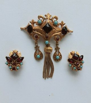 Vintage Florenza Pin / Pendant & Earrings Demi Set Faux Garnet Turquoise Dangles