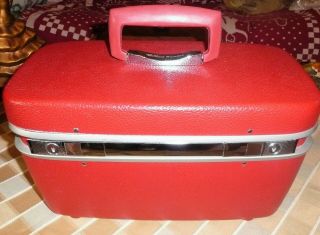 Vintage Royal Traveller Samsonite Red Train Case Makeup W/ Key,  Tray & Mirror