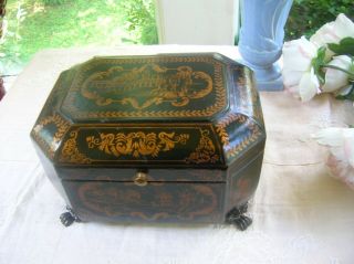 Large Vintage Oriental Hand Painted 8 Sided Wooden Box