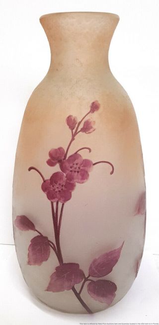 Huge 13in Legras Acid Cut Purple Floral French Art Glass Antique Vase Signed