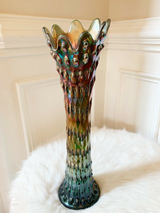 Fenton Rustic Antique Carnival Art Glass 16” Mid - Size Vase Green Base