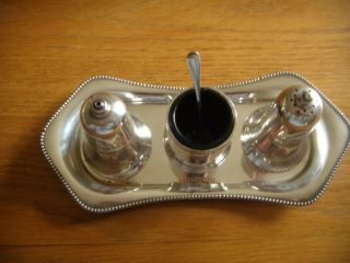 VINTAGE SILVER PLATED 3 - PIECE CRUET SET ON STAND BY MAKER D & S. 2