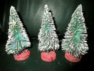 3 Vintage Bottle Brush Christmas Trees = 5 " Tall = Wood Base = Japan Sticker