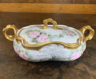 Antique Jean Pouyat Limoges Handled Covered Dish Hand Painted Roses Signed Arr