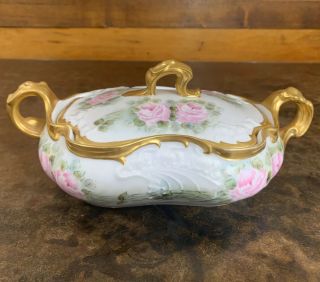 Antique Jean Pouyat Limoges Handled Covered Dish Hand Painted Roses Signed ARR 2