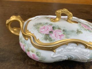 Antique Jean Pouyat Limoges Handled Covered Dish Hand Painted Roses Signed ARR 3