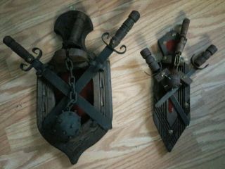 Vintage Set Of 2•carved•wood•w/iron•swords•on•carved•plaque•wall Decor 17x8•12×3