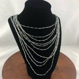 Vtg Liquid Sterling Silver 10 Strands Necklace Turquoise Bead Bib