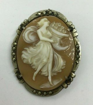 Vintage Silver Carved Cameo Brooch Lady With Cornucopia Marcasite Pendant Charm