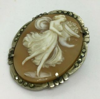Vintage Silver Carved Cameo Brooch Lady with Cornucopia Marcasite Pendant Charm 2