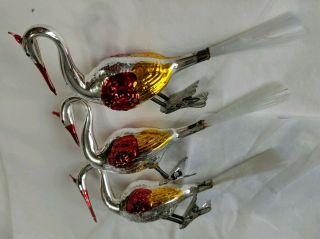 3 Vintage Clip On Blown Glass Goose Christmas Ornaments