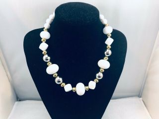 Vtg.  Crown Trifari White Chunky Lucite Beaded & Silver Tone Necklace
