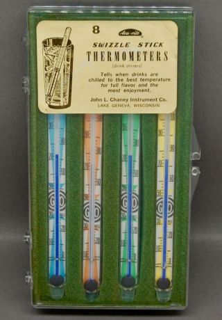 Vintage Retro Set Of 8 Cocktail Swizzle Stick Glass Thermometers - Mid Century
