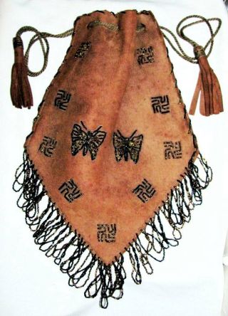 Antique C1890 Native American Indian Beaded Whirling Logs Swastika Butterfly Bag