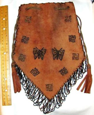 ANTIQUE c1890 NATIVE AMERICAN INDIAN BEADED WHIRLING LOGS SWASTIKA BUTTERFLY BAG 2