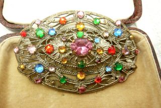 Vintage Jewellery Art Deco Czech Filigree Multi - Coloured Rhinestone Brooch Pin