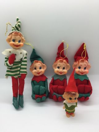 5 Vintage Christmas Pixie Elves,  Mini,  Knee Hugger,  & Posable Japan 1960s W/tags
