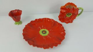 Antique Royal Bayreuth Red Poppy 8 3/8 " Plate,  4 1/4 " Creamer & 3 " Cup 1900 