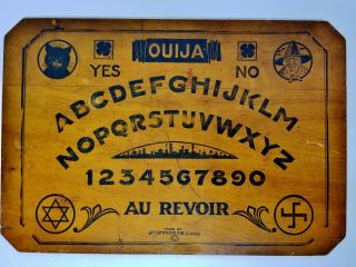 Antique Ouija Board J M Simmons Chicago Cat Witch Wastika Au Revoir Yes No