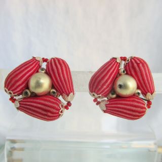 Vintage Japan Red Brocade Golden Bead Triangle Cluster Clip Earrings Gold Plate