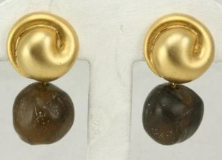 Vintage Costume Jewelry Gold Tone Amber Bead Signed Nj Clip Earrings 1.  25 " Tall
