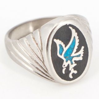 Vtg Silver Plated - Onyx & Turquoise Eagle Signet Men 