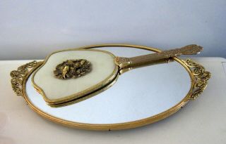 Vintage Gold Tone Metal Frame Mirror Vanity Tray & Hand Mirror Set