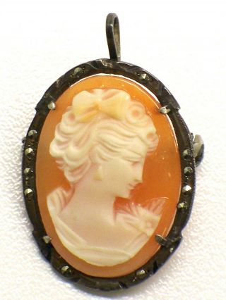 Vintage Sterling Silver And Marcasite Hand Carved Shell Cameo Pendant Or Pin