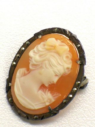 Vintage Sterling Silver And Marcasite Hand Carved Shell Cameo Pendant Or Pin 2