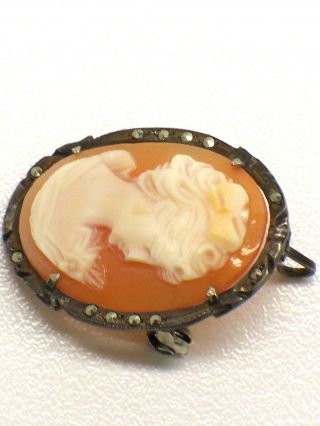 Vintage Sterling Silver And Marcasite Hand Carved Shell Cameo Pendant Or Pin 3