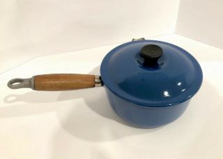 Le Creuset 16 Spouted 1 Qt Sauce Pan Lid Wood Handle Blue Pot Vintage France