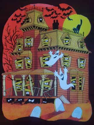 Vtg Ghost Bat Moon Halloween Larger Haunted House Die Cut Out 14” X 10”