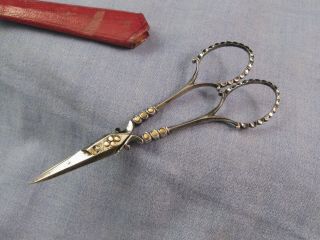 Georgian Antique Gold Pique Steel Embroidery Sewing Etui Craft Scissors In Case