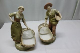 Antique Figurines Women & Man Sculpture Basket Holders 16 "