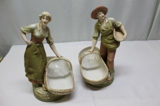 Antique Figurines Women & Man Sculpture Basket Holders 16 