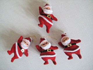 Set Of 4 Vintage Flocked Chenille Dancing Santas Chirstmas Ornaments,  4 "