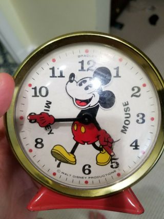 Vintage Bradley Mickey Mouse Wind Up Alarm Clock Head Moves When Ticks