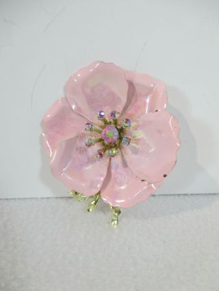 Coro Pin Brooch Pink Flower Enamel Center Rhinestones Vintage Large 2.  5 "