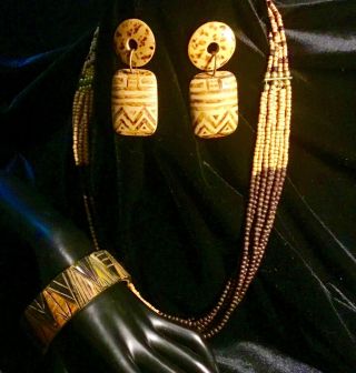 Vtg African Style Wood & Brass 8 Strand Bead Necklace,  Carved Earring Bracelet