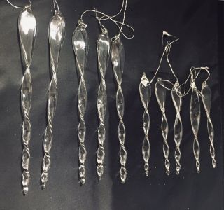 Vintage Christmas Tree Ornaments 10 Glass Icicles Clear Swirled Twisted