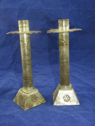 Pair Vintage Made In Mexico Tin Candlesticks 8 " Candle Holder Stamped Design