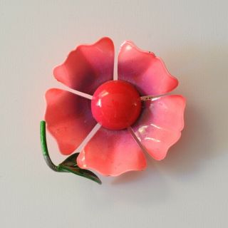 Vintage Bright Pink Enamel Flower Brooch Pin With Green Stem