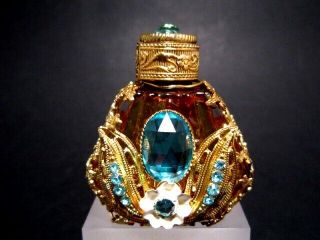 Gorgeous,  Vintage Early 1900’s.  Empty Perfume Bottle Glass,  Gilt Metal & Stones