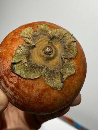 Early Antique Italian Alabaster Stone Fruit Orange Persimmon Green Leaf Top Nm,