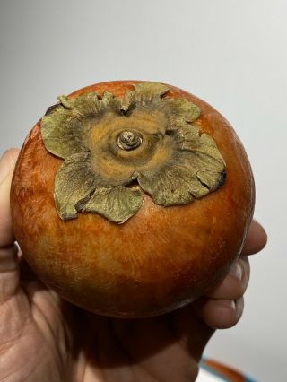 Early Antique Italian Alabaster Stone Fruit Orange Persimmon Green Leaf Top NM, 2