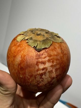 Early Antique Italian Alabaster Stone Fruit Orange Persimmon Green Leaf Top NM, 3