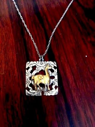 Vintage Peru 925 Sterling Silver 18k Gold 18 " Ornate Llama Pendant/necklace 3.  8g