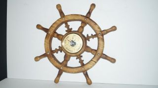 Vintage Wall Hanging Nautical Ship Boat Steering Wheel Thermometer And Barometer