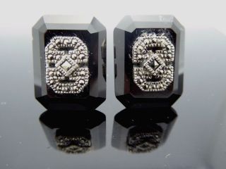 Vintage Signed Art Deco Sterling Silver Marcasite Black Onyx Clip On Earrings